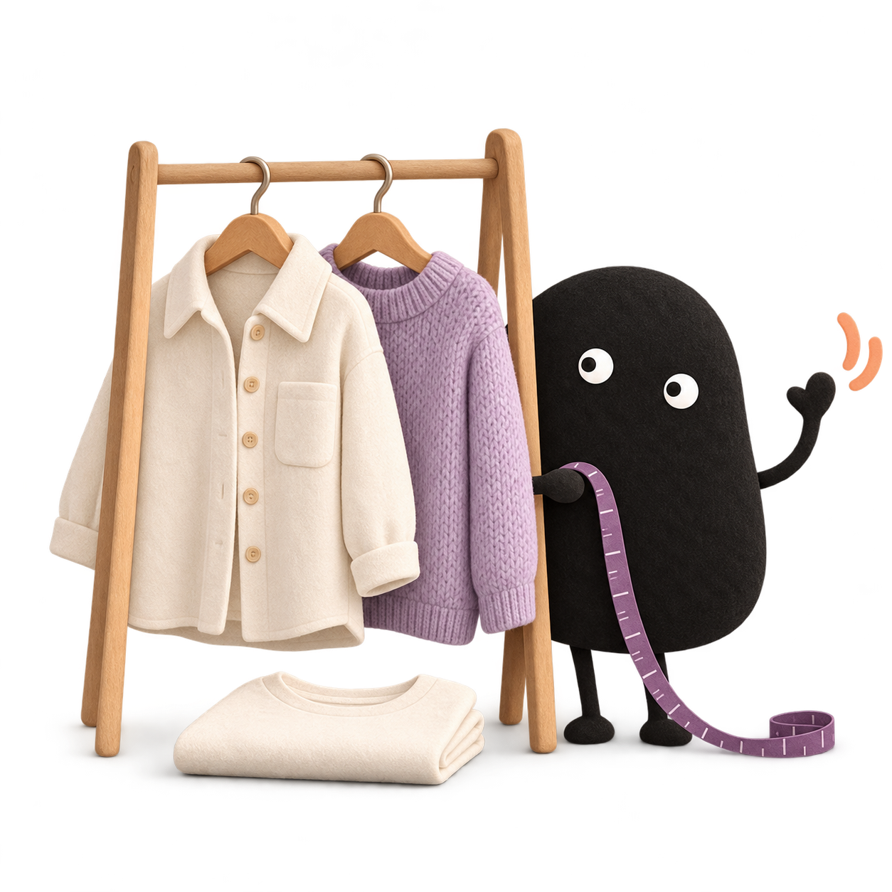 Pip waves beside a miniature wardrobe of cream and lavender clothes, holding a plum measuring ribbon